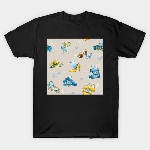 Fashion Bird Pattern - Blue & Gold T-Shirt by JadedSketch